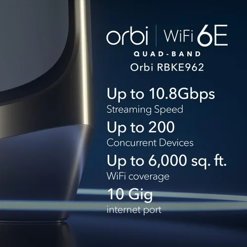 Miniatura 2 de NETGEAR Orbi Quad-Band WiFi 6E Mesh System (RBKE962), enrutador + 1 extensor de satélite, características de seguridad, velocidad de hasta 10.8