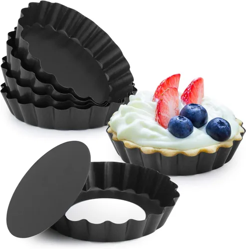 Laxinis World Sartenes Quiche de 4 pulgadas con fondo extraíble, antiadherentes, lados estriados, mini sartenes para tartas, forma redonda, juego de