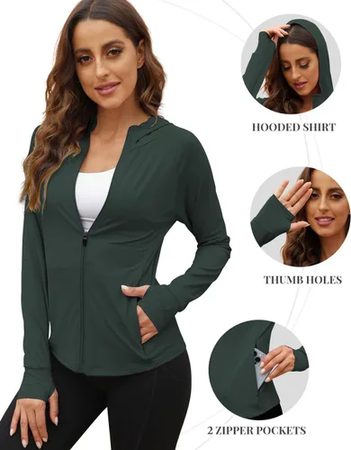 Miniatura 4 de We1Fit Chaqueta de protección solar UPF 50+ para mujer, sudadera con capucha para senderismo, correr, atlética