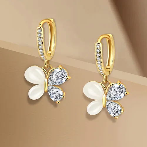 Miniatura 7 de Butterfly Hoop Earrings, Cat's Eye Gemstone Huggie Earrings for Teen Girls, 14k Gold Plated Dangle Earrings for Women