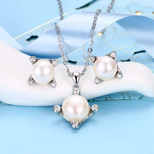 Miniatura 2 de EleQueen 925 Sterling Silver CZ AAA Button Cream Freshwater Cultured Pearl Bridal Pendant Necklace Earrings Jewelry Set for Women Wedding