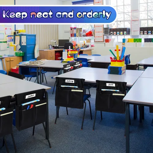 Miniatura 4 de Lewtemi Paquete de 6 bolsillos para sillas de 18 x 17 pulgadas para organizador de bolsillos de aula con 4 ranuras de almacenamiento para sillas sin