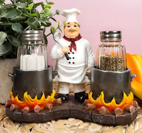 Miniatura 5 de Ebros Bouillon - Jean de chef francés con caldero doble llameante, salero y pimentero, figurita para cocina, mesa de comedor, anfitrión, accesorios