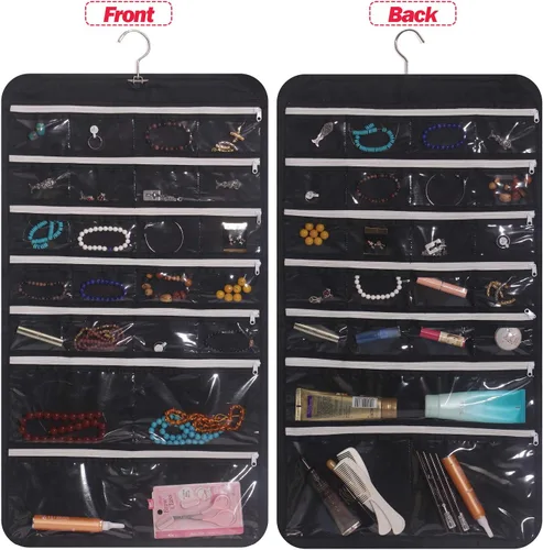Miniatura 9 de DIOMMELL Organizador de joyería colgante con 47 bolsillos con cremallera para aretes, collar, pulsera, anillo, bolsa de almacenamiento