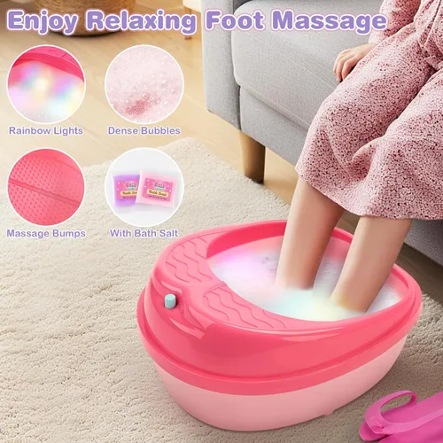 Miniatura 3 de Dreamon Juego de 25 piezas de spa de pies y uñas para niños, kit de día de spa para niños con bañera de masaje de luz arcoíris de tamaño medio