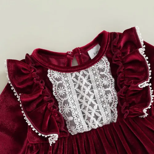 Miniatura 4 de Trajes de Navidad para niñas pequeñas, vestido de manga larga, falda vintage de encaje de una pieza, vestido de fiesta de terciopelo rojo, vestido