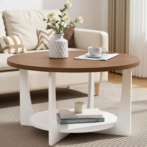 BECHAEO Mesa de centro redonda de 31.5 pulgadas con patas de pino de madera maciza, mesa de centro rústica de 2 niveles con estante de