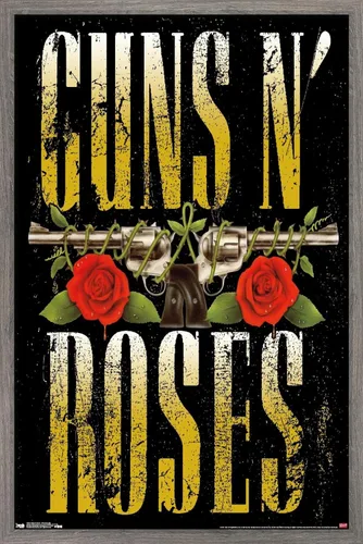 Guns N' Roses - Póster de pared con logotipo apilado, 22.4 pulgadas de largo x 14.7 pulgadas de ancho, versión enmarcada de madera de granero
