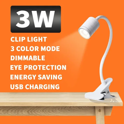 Miniatura 2 de Luz LED de 3 brillos con abrazadera, lámpara LED portátil de clip, clip USB en la lámpara de escritorio, luz de lectura nocturna de cuello de cisne