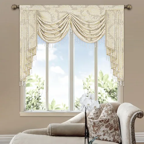 Miniatura 15 de Loom and Mill Cenefa de cascada de lujo de jacquard para sala de estar, elegantes cenefas de ventana con festones y cuentas damascadas, cortinas