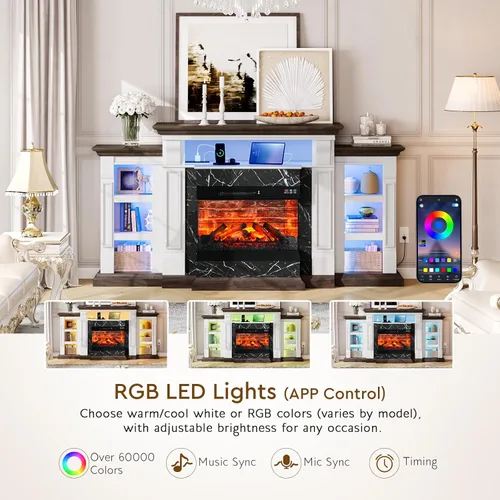 Miniatura 4 de LGHM Soporte de TV con Chimenea Eléctrica LED con Tomacorriente, Repisa de Chimenea de 72'' para TVs de hasta 80'', Centro de Entretenimiento Blanco