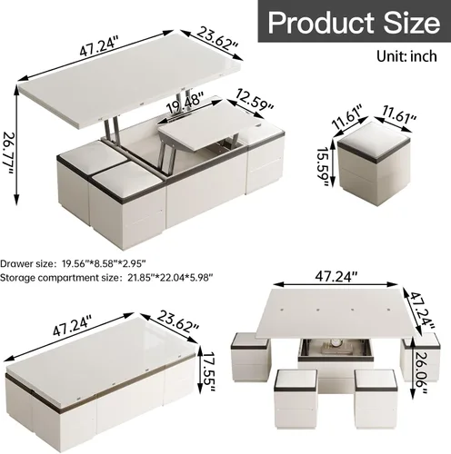 Miniatura 2 de Mesa auxiliar elevable con 4 taburetes, mesa de centro moderna de 47 pulgadas que se convierte en mesa de comedor con ruedas y cajones, mesa central