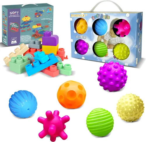 Pelotas sensoriales para bebés, juguetes sensoriales para bebés de 6 a 12 meses para niños pequeños de 1 a 3 años y bloques de goma suave para bebés