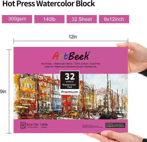 Miniatura 2 de ArtBeek Bloque de papel de acuarela, bloque de acuarela 100% algodón, 4.94 oz/300 GSM (prensa caliente de 9 x 12)