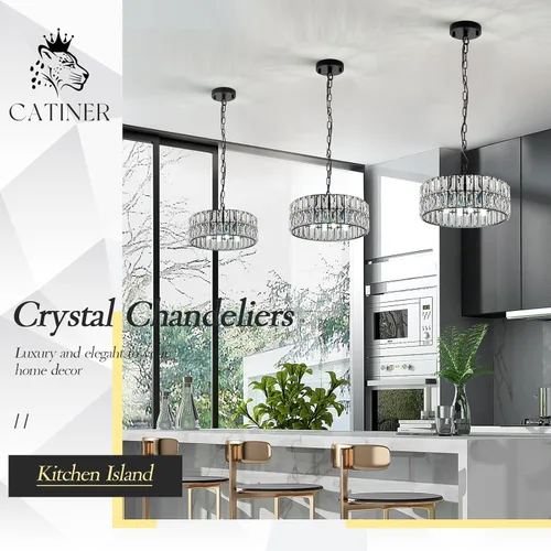 Miniatura 3 de Lámpara Colgante de Cristal de 4 Luces Araña Moderna Negra Pequeña de 12" Cristal Semi Empotrada Luz de Techo Redonda para Isla de Cocina, Negro