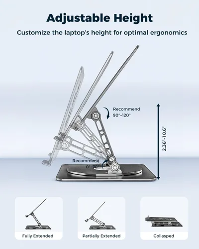 Miniatura 2 de Soporte ajustable para laptop de escritorio - Elevador portátil para laptop con base giratoria, soporte plegable de aluminio para computadora, Negro