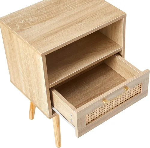 Miniatura 5 de Mesita de noche, mesa auxiliar con cajón decorativo de ratán y patas de madera maciza, mesa decorativa de madera con almacenamiento para dormitorio