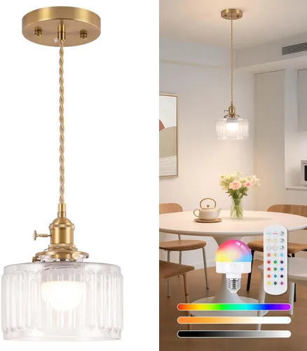 Miniatura 30 de Luces Colgantes para Isla de Cocina, Luz Colgante de Cristal Verde Accesorios de Iluminación Vintage, 9.4 pulgadas E26 Acabado Lámpara Colgante