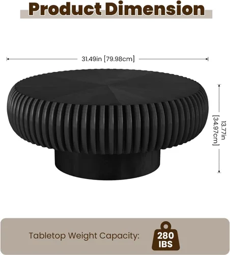 Miniatura 2 de Mesa de centro de tambor de 31.5 pulgadas, moderna y única, mesa de té acanalada, mesa de centro redonda de madera contemporánea con mesa central