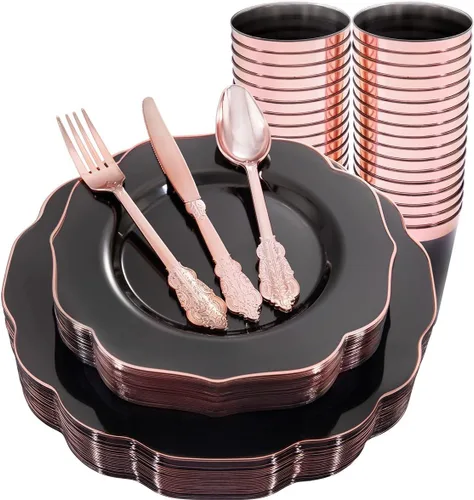 BUCLA Platos de plástico negro transparente para 30 invitados con cubiertos y tazas de oro rosa, vajilla de plástico con borde de oro rosa ideal