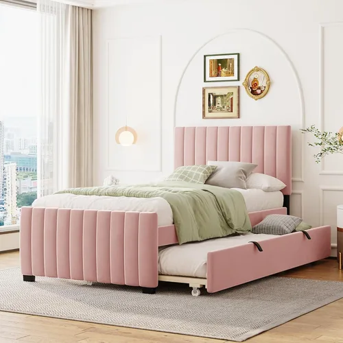 Miniatura 17 de SOFTSEA Cama de plataforma de tamaño matrimonial con nido, cama matrimonial tapizada con cabecero curvado para niños, adolescentes, invitados, tela