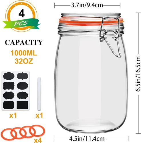 Miniatura 2 de Tarros Mason de boca ancha de 32 onzas con tapas herméticas con bisagras, tarro de vidrio grande con tapa para decapado, fermentación, enlatado