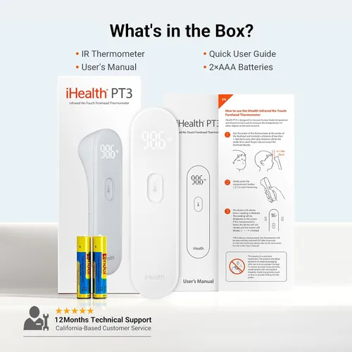 Miniatura 8 de iHealth Termómetro digital sin contacto para la frente para adultos, bebés, niños, 3 sensores ultra sensibles, retroalimentación de vibración Negro