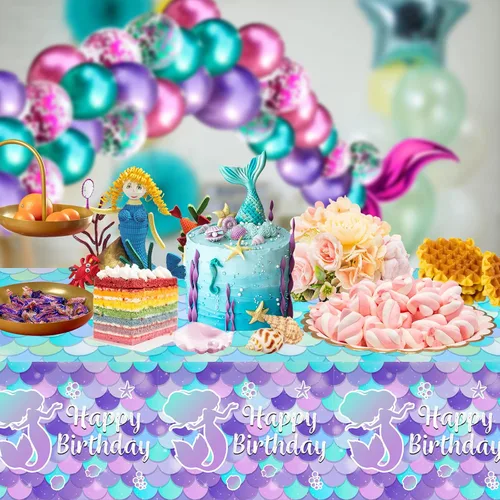 Miniatura 5 de 1 mantel de sirena – Mantel de sirena de feliz cumpleaños, mantel rectangular de plástico desechable con diseño de sirenas para decoración