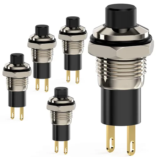 Miniatura 10 de Interruptor de botón, Interruptores mini autobloqueables de cierre 10mm redondos DC24V 0.5A Negro con tapa 5 piezas con cable de 20cm