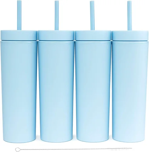 Miniatura 17 de STRATA CUPS Vasos delgados multicolor con tapas y popotes (paquete de 12) - Vaso acrílico de doble pared de 16 onzas, vasos delgados mate altos, a