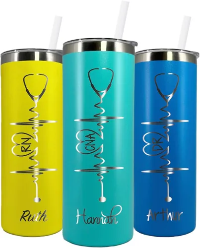AVITO Heartbeat Nurse's - Vaso de acero inoxidable personalizado grabado con láser de 20 onzas con estetoscopio personalizado, incluye popote y