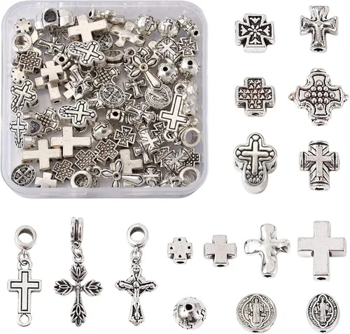 Miniatura 9 de BB Beadthoven Dijes de cruz con cuentas, mini dijes pequeños de metal plateado para pulseras, cruces artesanales para hacer pulseras, collares, Cruz
