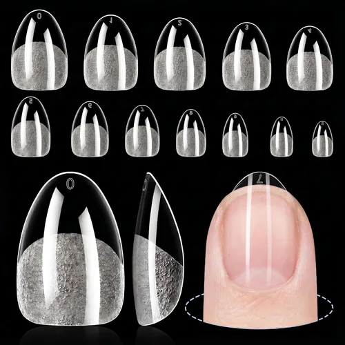 TOMICCA Puntas de uñas de almendra extra cortas, 192 unidades, 12 tamaños, puntas de uñas cortas de cobertura completa, uñas acrílicas transparentes