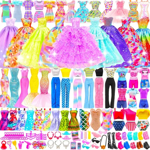 BARWA - Paquete de 116 prendas y accesorios para muñecas, 5 vestidos de novia, 9 vestidos de moda, vestido deslizante, 3 tops, 3 pantalones, 2