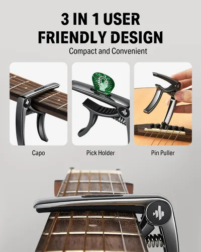 Miniatura 3 de Donner Cejilla para guitarra eléctrica y acústica DC-2, Ukelele Capo Negro con 4 púas