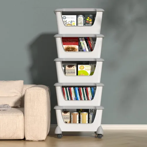 Miniatura 4 de Morcte Paquete de 5 cestas de almacenamiento apilables de plástico con tapas, cesta organizadora apilable con ruedas, color gris Stacking
