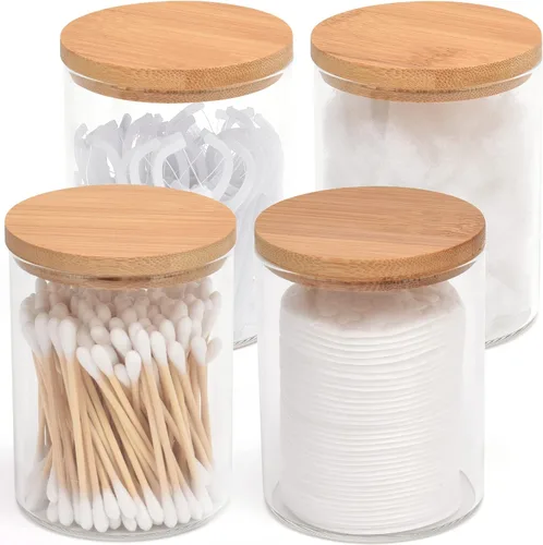 Miniatura 9 de BKYFPQ Juego de 2 dispensadores de vidrio para Qtip - Tarros de boticario con tapas, organizador de maquillaje de tocador y organizador