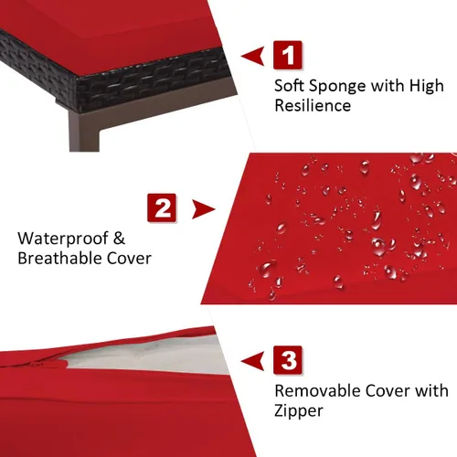 Miniatura 3 de RELAX4LIFE Tumbona para exteriores, silla de piscina de ratán ajustable de 5 posiciones con cojín, silla reclinable, marco de metal, tumbona de Rojo