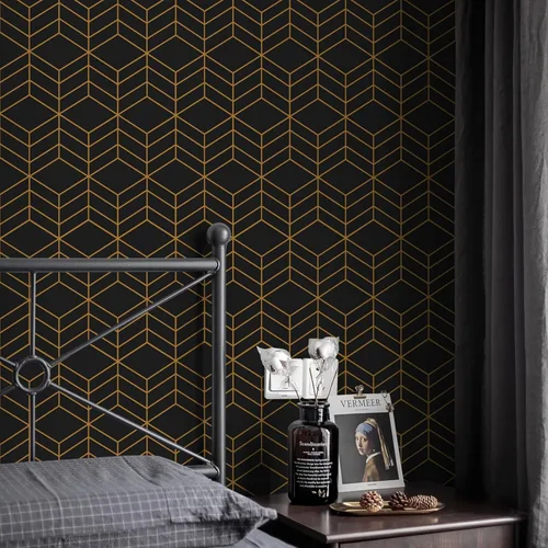 Miniatura 3 de LiKiLiKi Papel tapiz autoadhesivo negro y dorado, diseño geométrico moderno, 17.3 x 118 pulgadas, vinilo decorativo extraíble para cajones