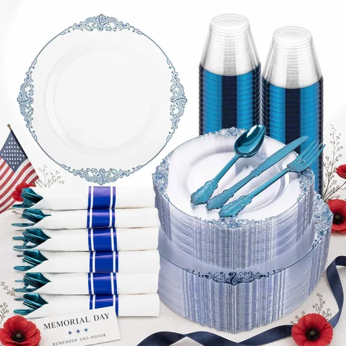 Miniatura 12 de Hioasis 350 platos de plástico transparente y dorado, elegante juego de vajilla desechable adecuado para 50 invitados, incluye platos de cena