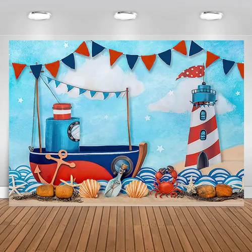 Miniatura 2 de Fondos de fotografía náutica de verano para vacaciones, velero, faro para niños, decoración de fondo de cumpleaños para niños, fiesta temática