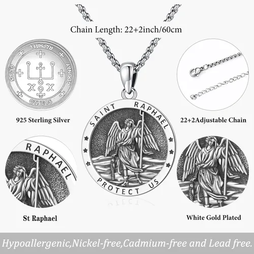 Miniatura 145 de Odinstone Collar de plata de ley 925 con medalla de San Miguel/San Cristóbal/San Benito/Crucifijo de Jesús/San Uriel/Arcángel Rafael para hombres