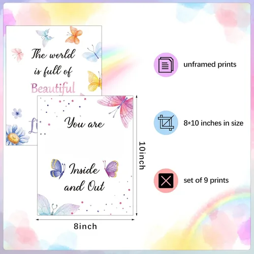 Miniatura 2 de Zonon Juego de 9 piezas de decoración de pared de mariposa en acuarela, con cita inspiradora de mariposas, 8 x 10 pulgadas, frases motivacionales