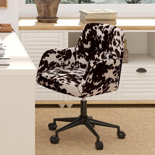 Miniatura 7 de Silla de escritorio moderna giratoria para oficina en casa con ruedas, terciopelo estampado de vaca, altura ajustable, cómoda, ergonómica, tapizada