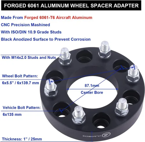 Miniatura 5 de Adaptadores de rueda forjados negros 6x135 a 6x5.5 de 1 pulgada con pasadores 14x2 compatibles con Ford de 6 pernos 6x135 a 6x139.7 para 2004-2014