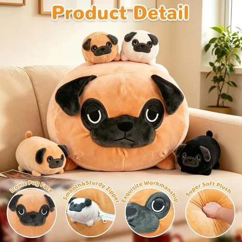 Miniatura 2 de MMguai Peluche Suave de Bulldog Lindo Bulldog Francés Animales de Peluche con 4 Peluches de Cachorro Bebé en su Barriga, Almohada Blanda Grande