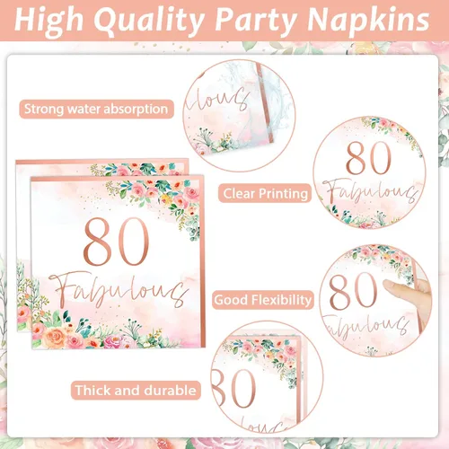 Miniatura 4 de OBUSATT 96 piezas florales de 80 fabulosos suministros de fiesta de cumpleaños número 80 platos de papel, servilletas, decoraciones de fiesta de oro