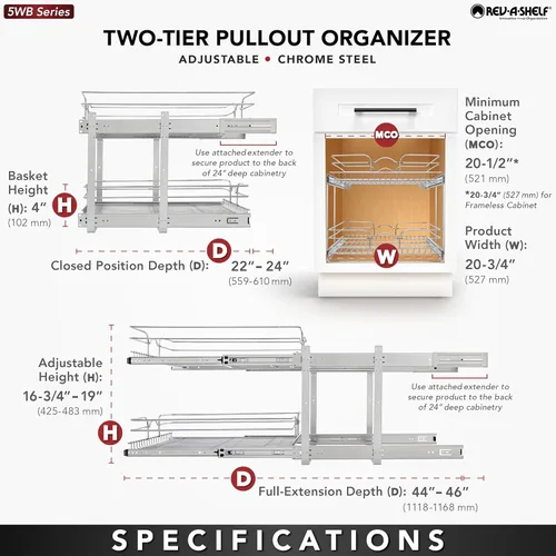 Miniatura 6 de Rev-A-Shelf Estante extraíble para armario de cocina de 2 niveles y organizador de cajones, cesta de almacenamiento de despensa deslizante en varios
