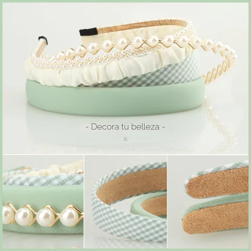 Miniatura 3 de Diademas de moda para mujeres y niñas, 5 piezas de diadema de perlas, diademas florales acolchadas para mujeres, diadema ancha vintage (verde)