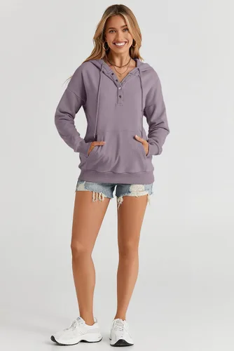 Miniatura 3 de Dokotoo Sudaderas con Capucha para Mujer 2025 con Cuello de Botón Cordón Ajustable Sudadera con Capucha Pullover Casual de Manga Larga Tops Camisetas